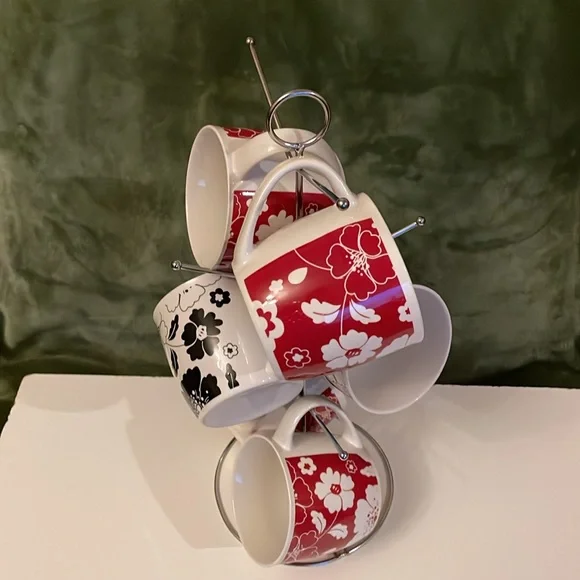 MUG SET:NIB; 7 piece floral mug set with stand. - Picture 2 of 3